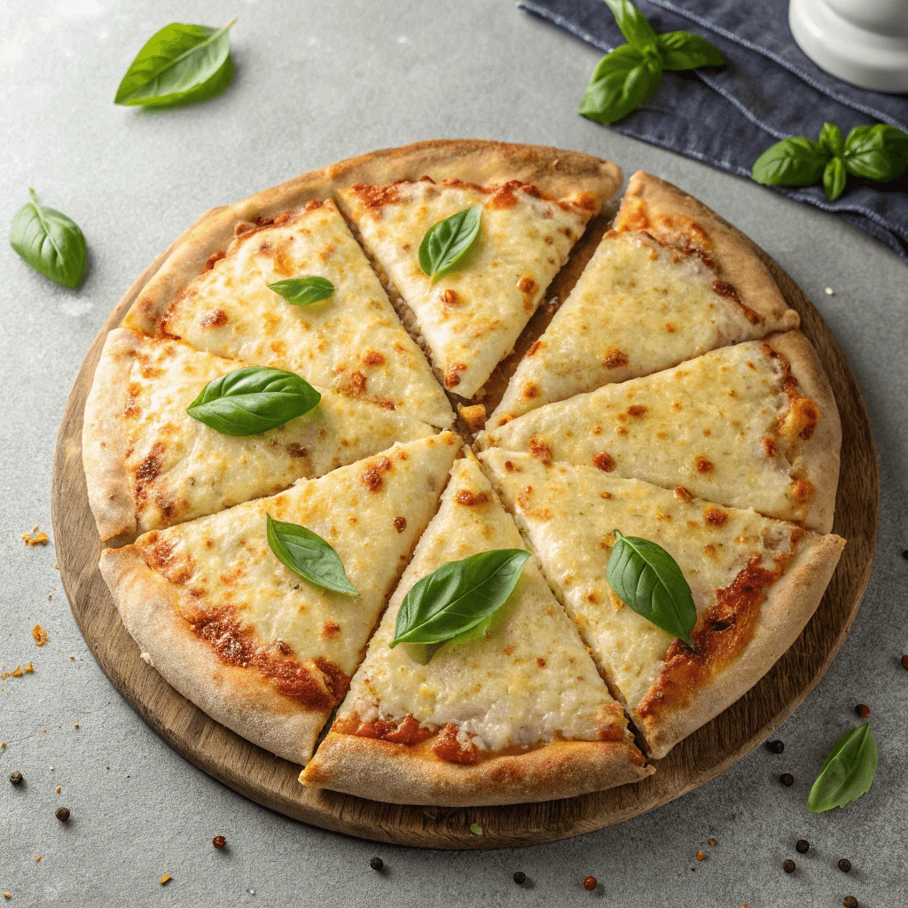 A close-up of a 10-inch cheese pizza with bubbling melted cheese and a perfectly crisp crust.