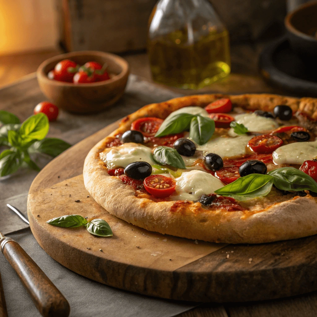 A perfectly baked 10-inch pizza with fresh toppings, ready to serve at home.