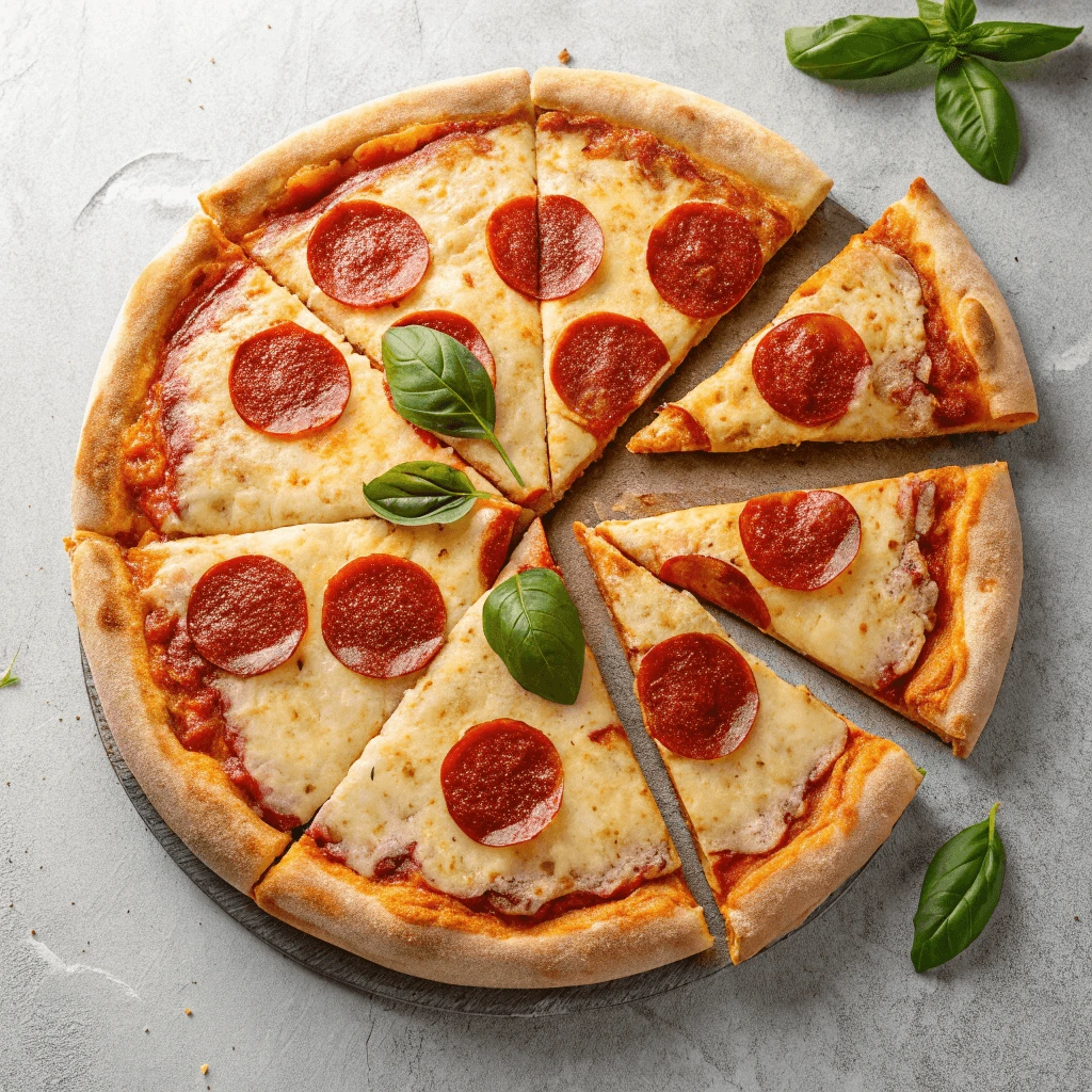 Toppings being added to a 10-inch pizza dough base