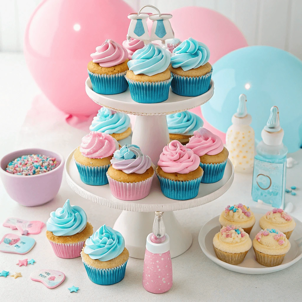 A table of assorted gender reveal cupcakes with pink and blue colors