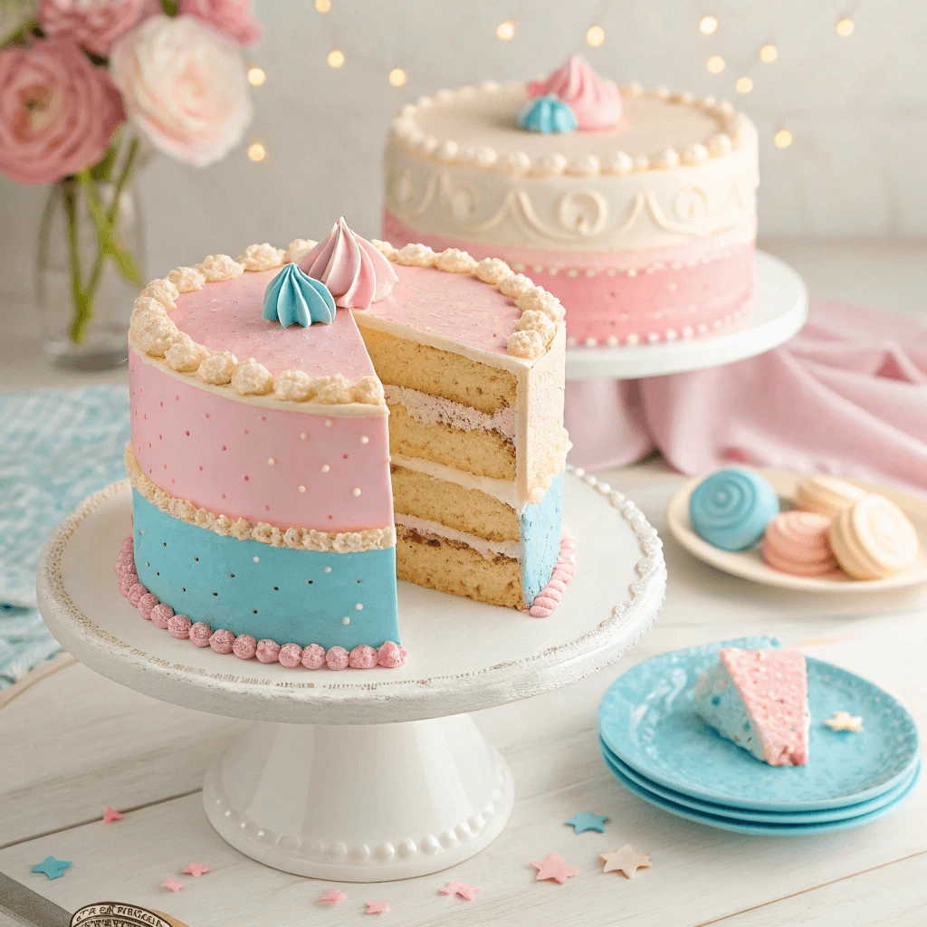 Pink and blue layered gender reveal cake with a surprise inside.