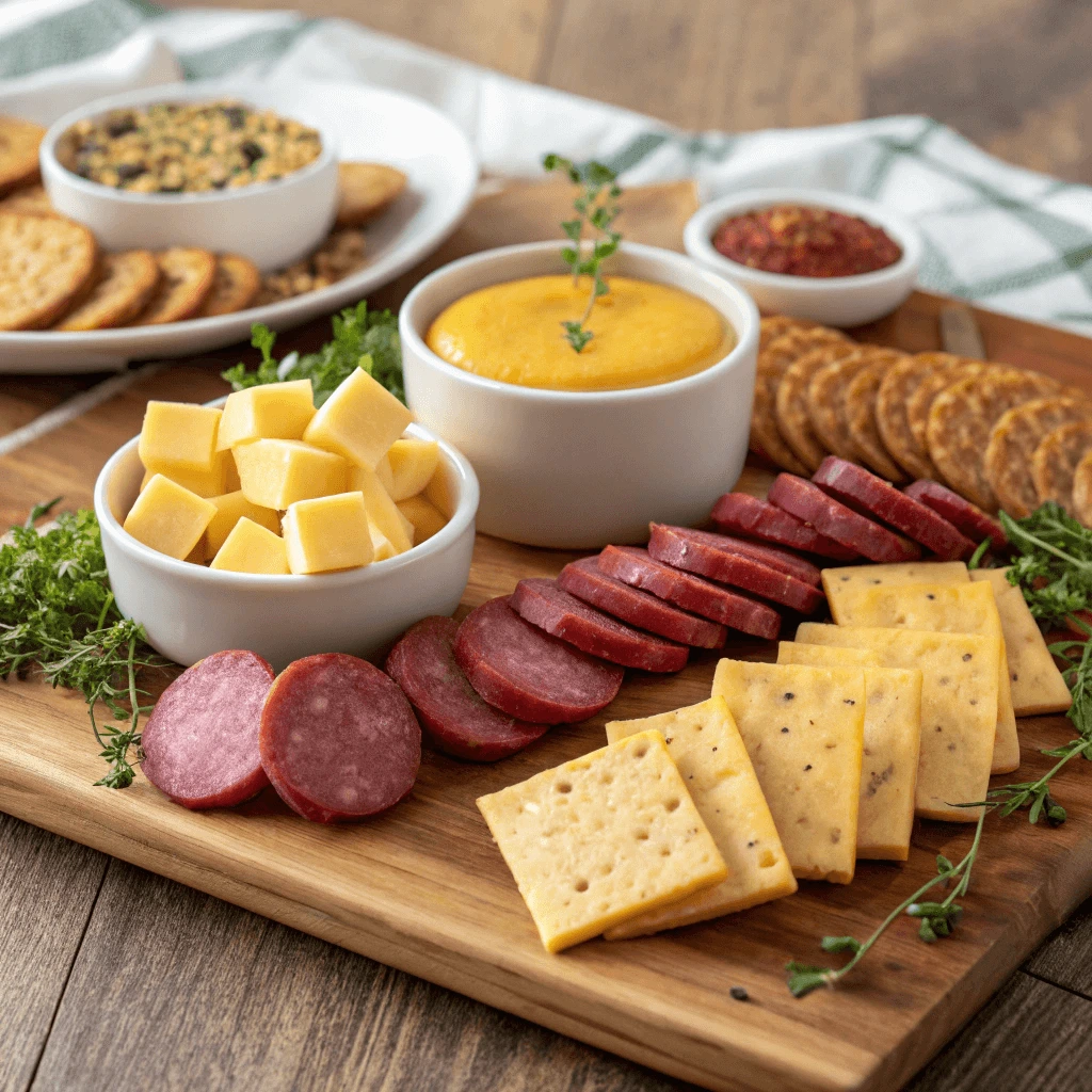 An assortment of summer sausage paired with artisan cheeses, crackers, and mustard.