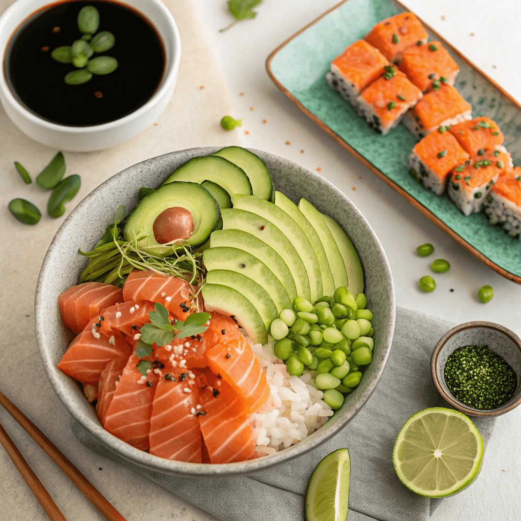 Sushi-grade salmon dishes, including nigiri, poke bowl, tartare, and maki rolls.