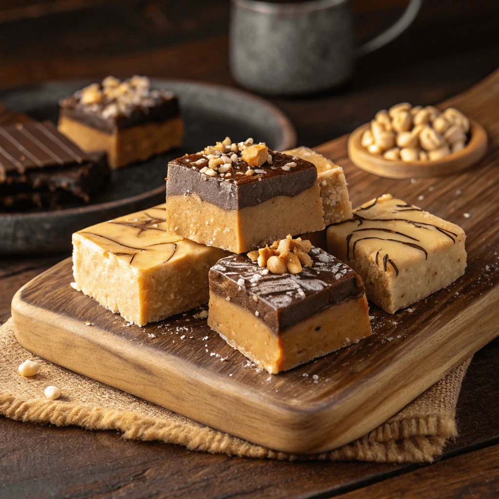 A tray of freshly cut 3-ingredient peanut butter fudge squares