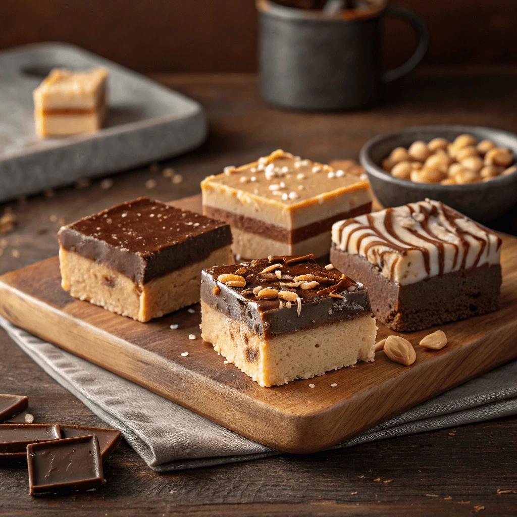 Peanut butter fudge squares topped with a chocolate drizzle