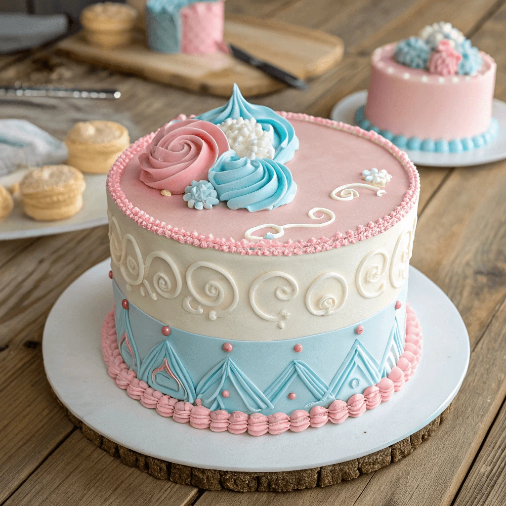 Gender reveal cake decorated with pink and blue icing and a surprise inside