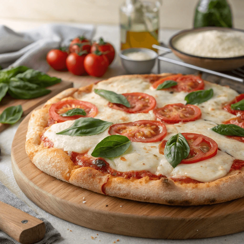 Close-up of a Margherita pizza with fresh basil leaves on a wooden table.