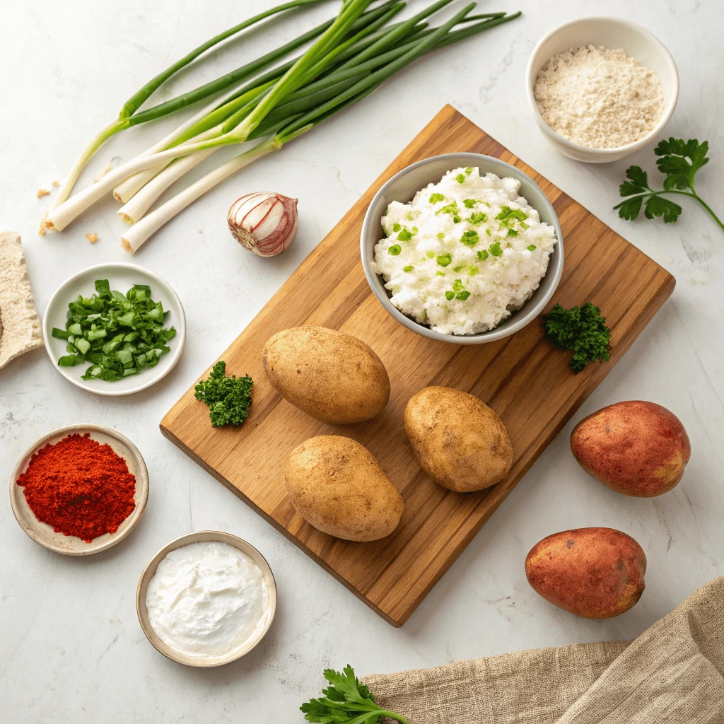Ingredients for Cottage Cheese Air Fryer Baked Potato Skins Recipe on a kitchen counter