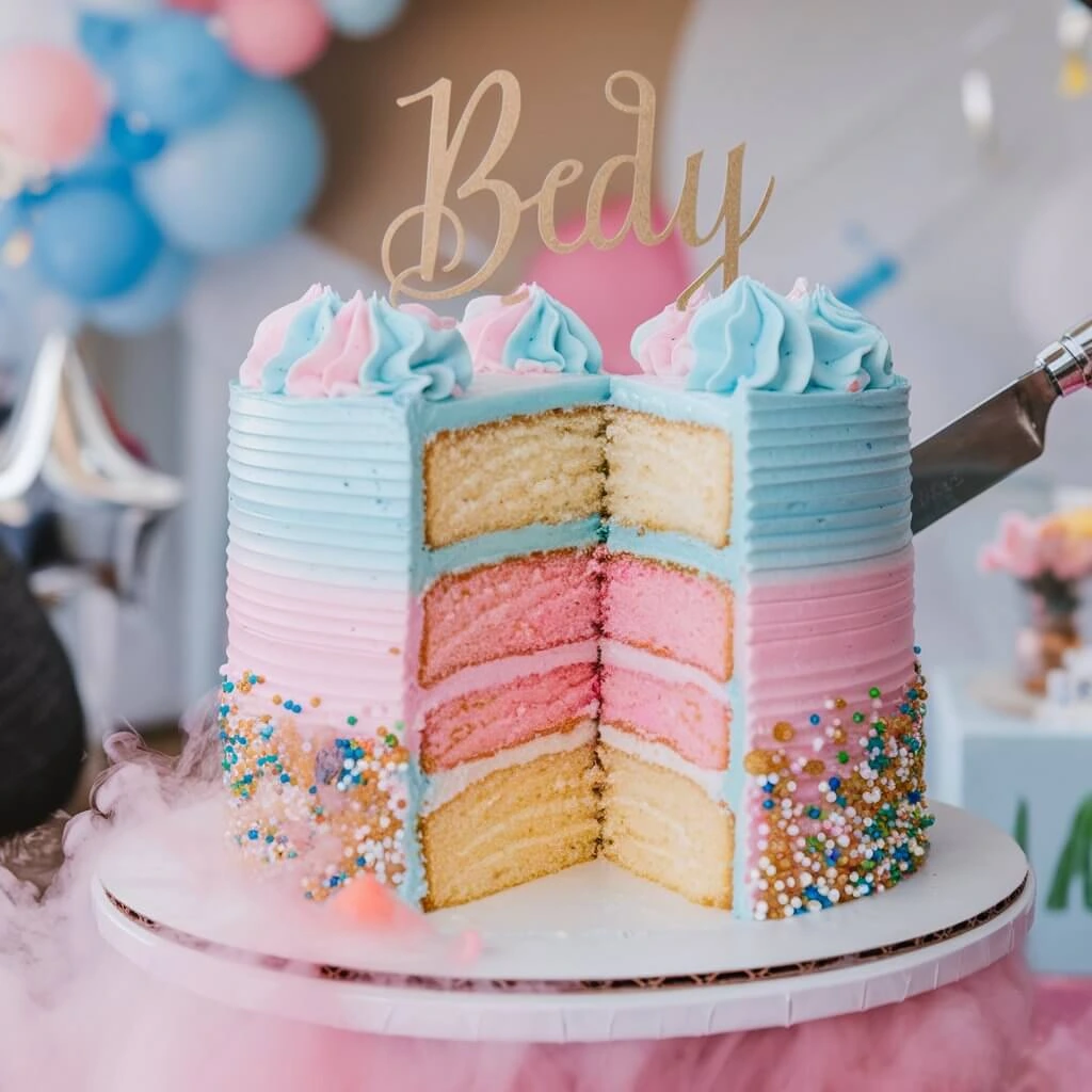 A beautifully designed gender reveal cake with pink and blue layers, topped with a 'Boy or Girl?' sign and surrounded by celebratory decorations