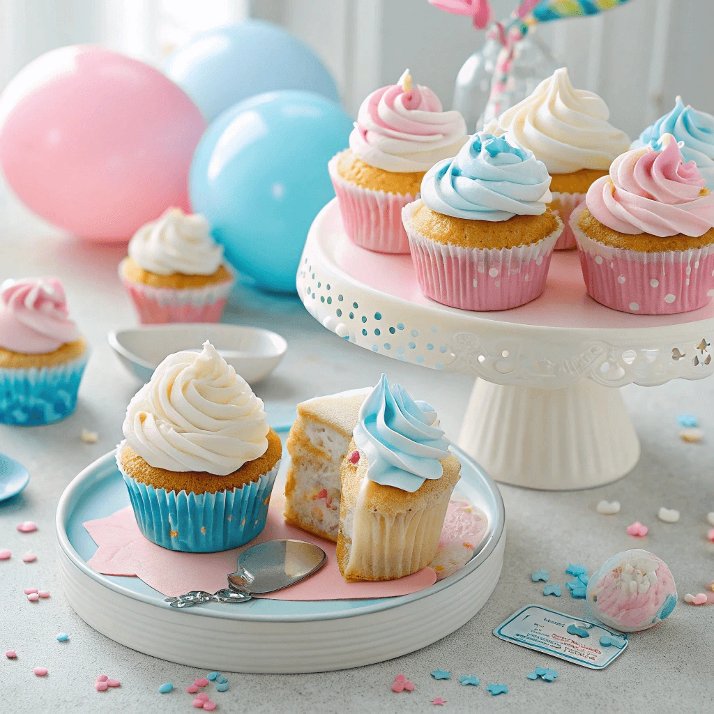 Gender reveal cupcakes with pink and blue frosting inside