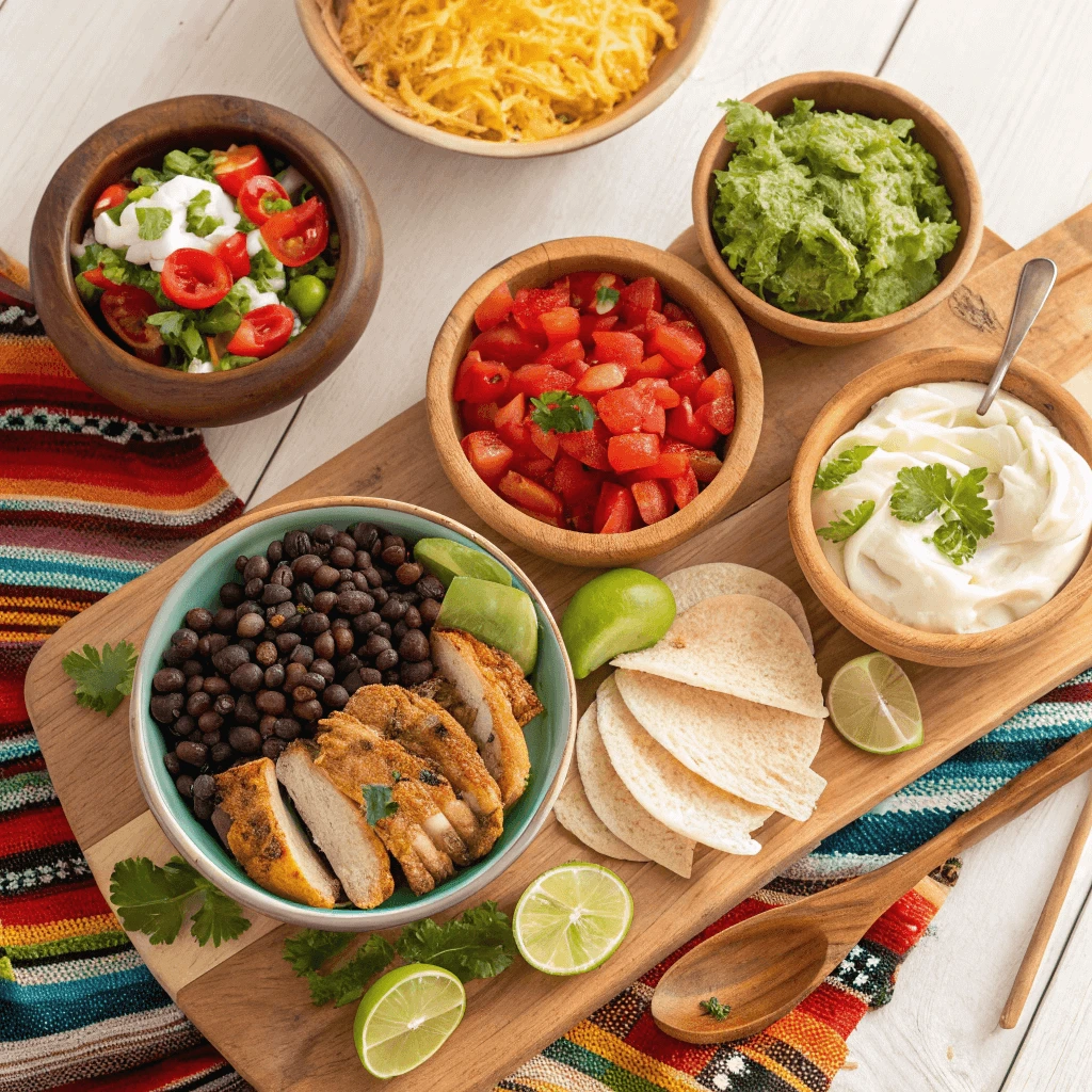 Colorful tacos filled with seasoned chicken, fresh vegetables, and avocado slices on a rustic wooden table.
