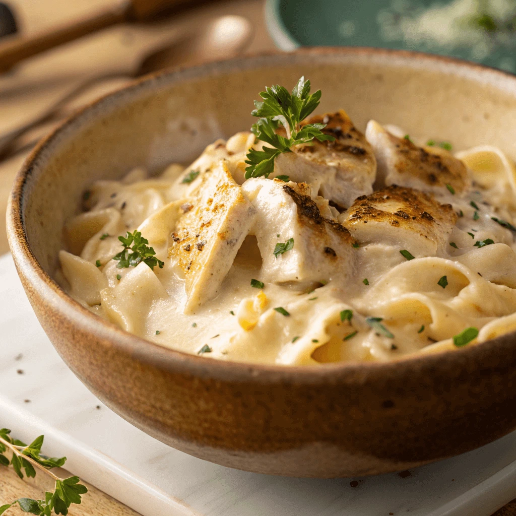 Creamy Alfredo Mafaldine pasta topped with grilled chicken pieces and herbs.