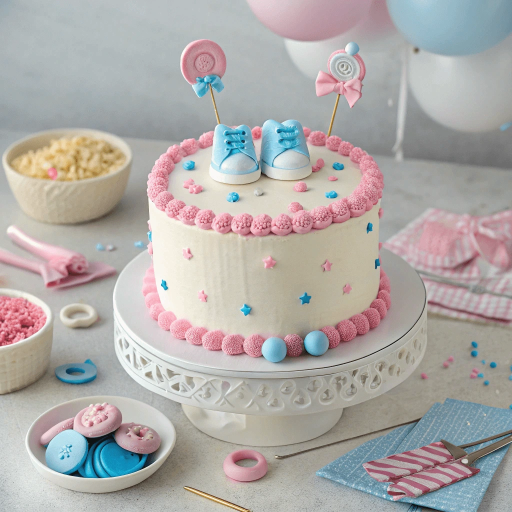 Creative gender reveal cake with themed decorations