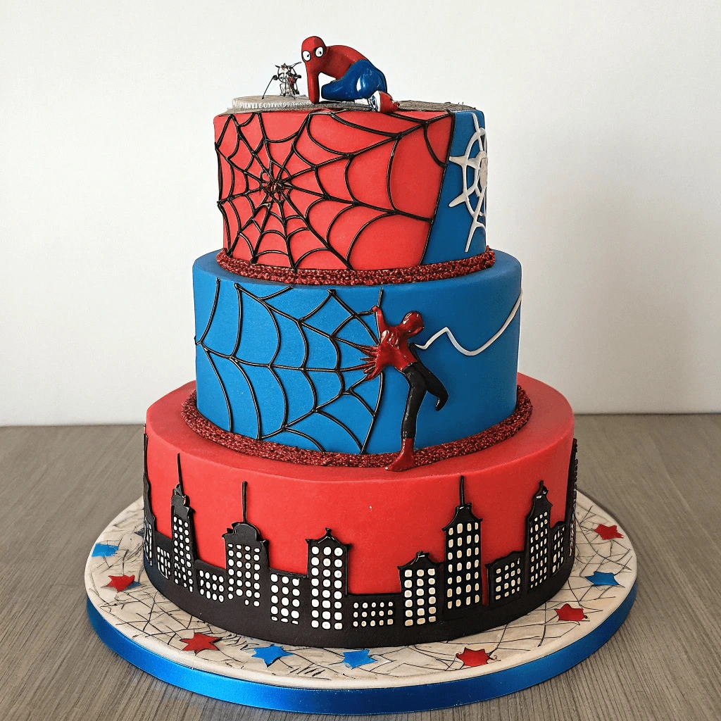 Close-up of Spiderman cake layers with web design details