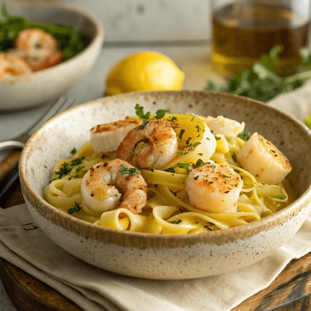 Mafaldine pasta with shrimp, scallops, and a drizzle of lemon olive oil sauce.