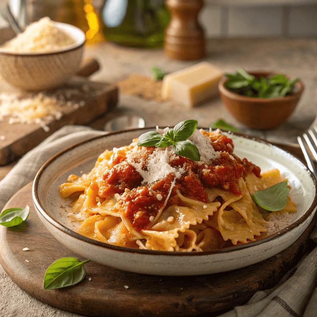 Mafaldine pasta served with a rich marinara sauce and grated cheese.