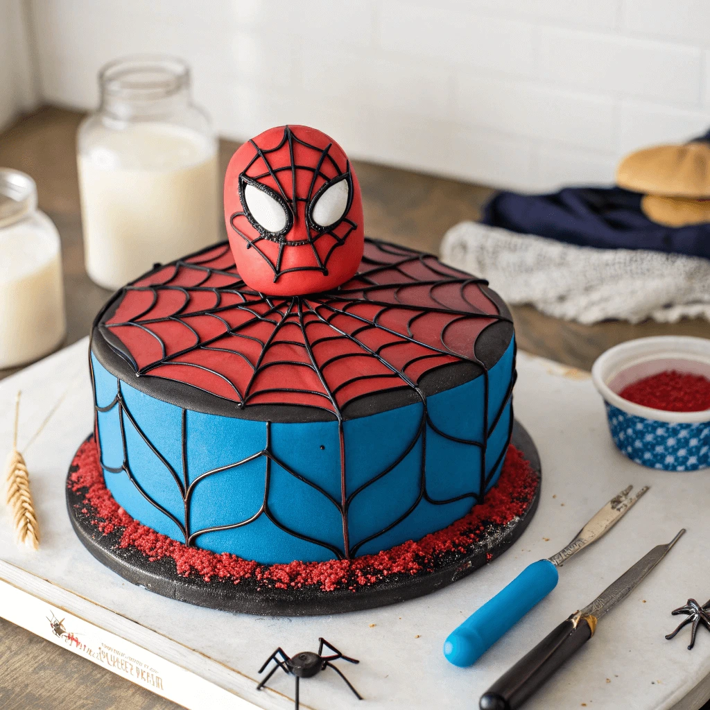 DIY Spiderman Cake with Web Design and Fondant Details