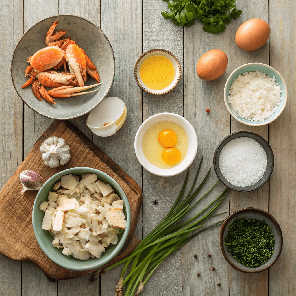 The essential ingredients for Crab Brulee, including crab meat, cream, and seasonings.
