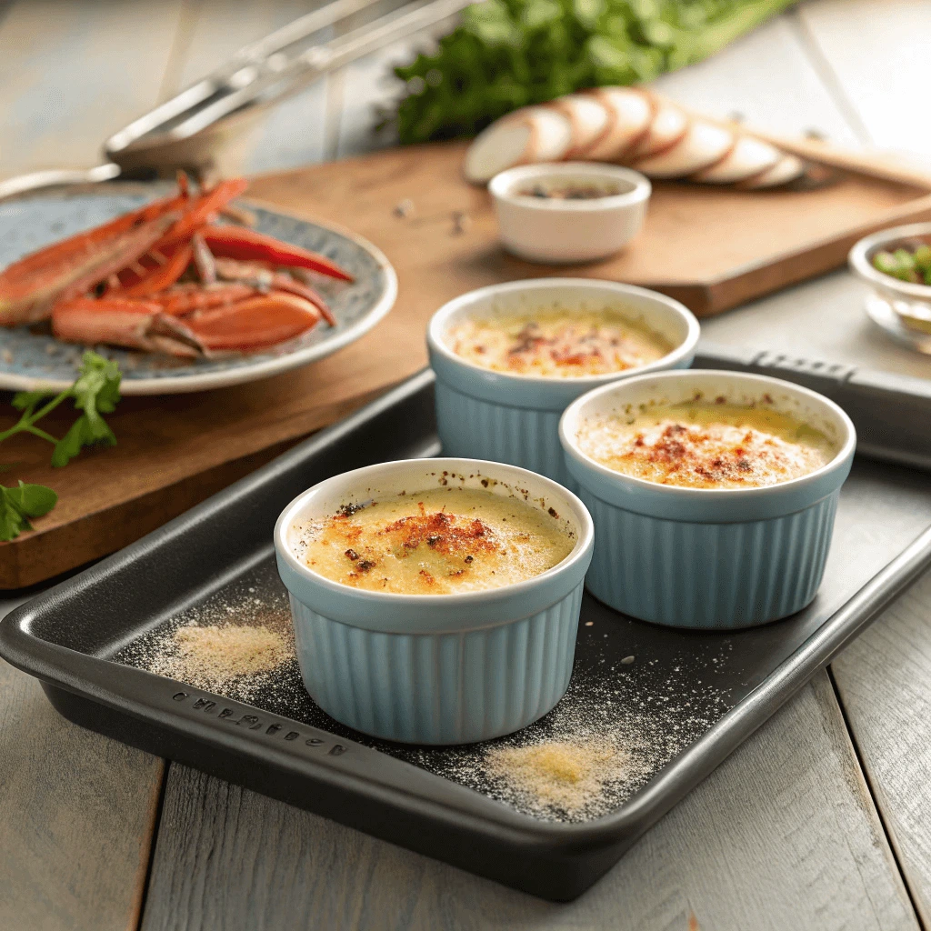 Crab Brulee ramekins ready to be baked in the oven