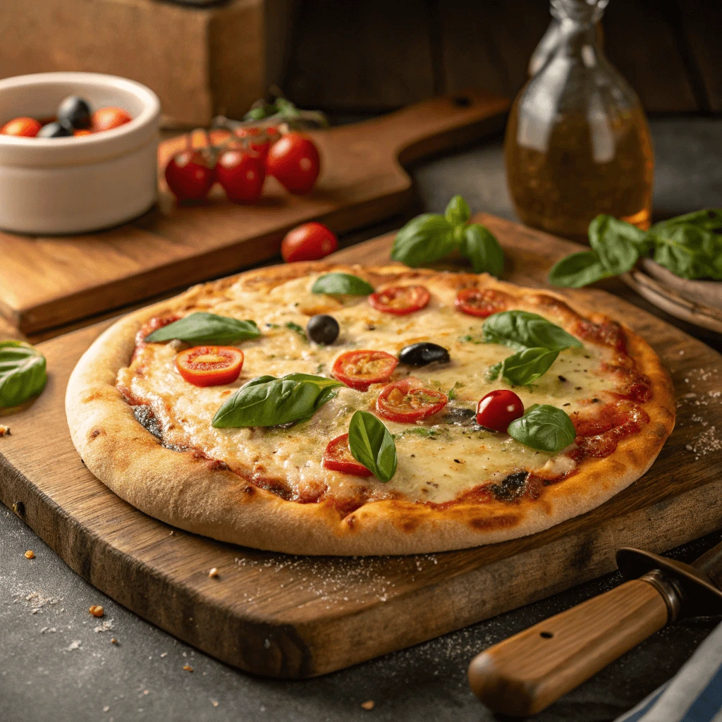 A freshly baked 10-inch pizza placed on a wooden cutting board, ready to slice.