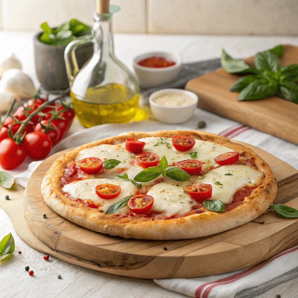 A completed 10-inch pizza topped with fresh ingredients.