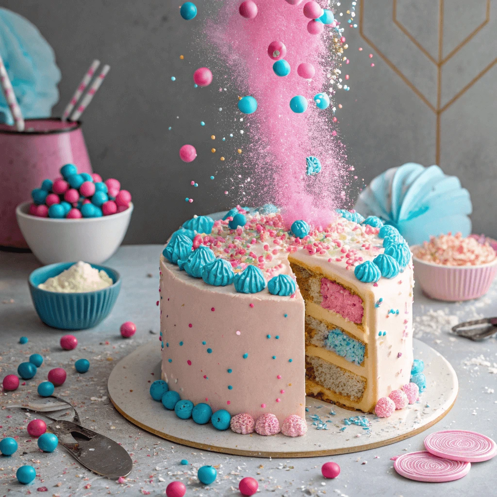 Piñata-style gender reveal cake filled with colorful candy.