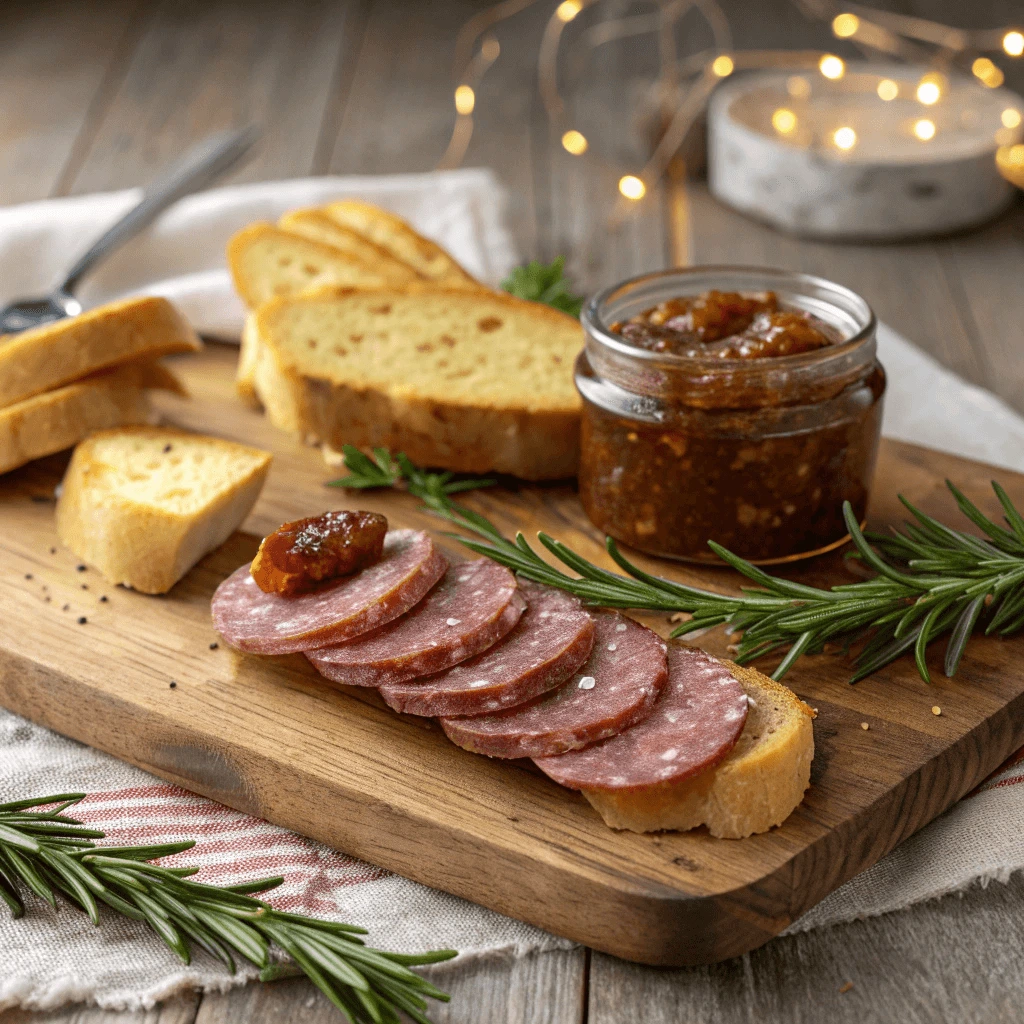 Summer sausage slices served with crusty bread, fig jam, and fresh herbs.
