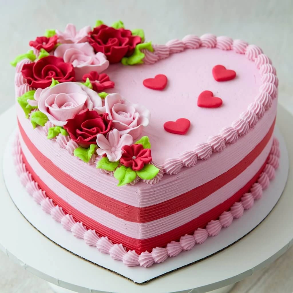 A beautifully decorated heart-shaped cake adorned with vibrant flowers and elegant icing, perfect for celebrating love and special occasions.