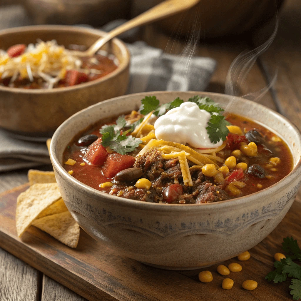 A close-up of Taco Soup Frios with a spoonful being served from the pot.