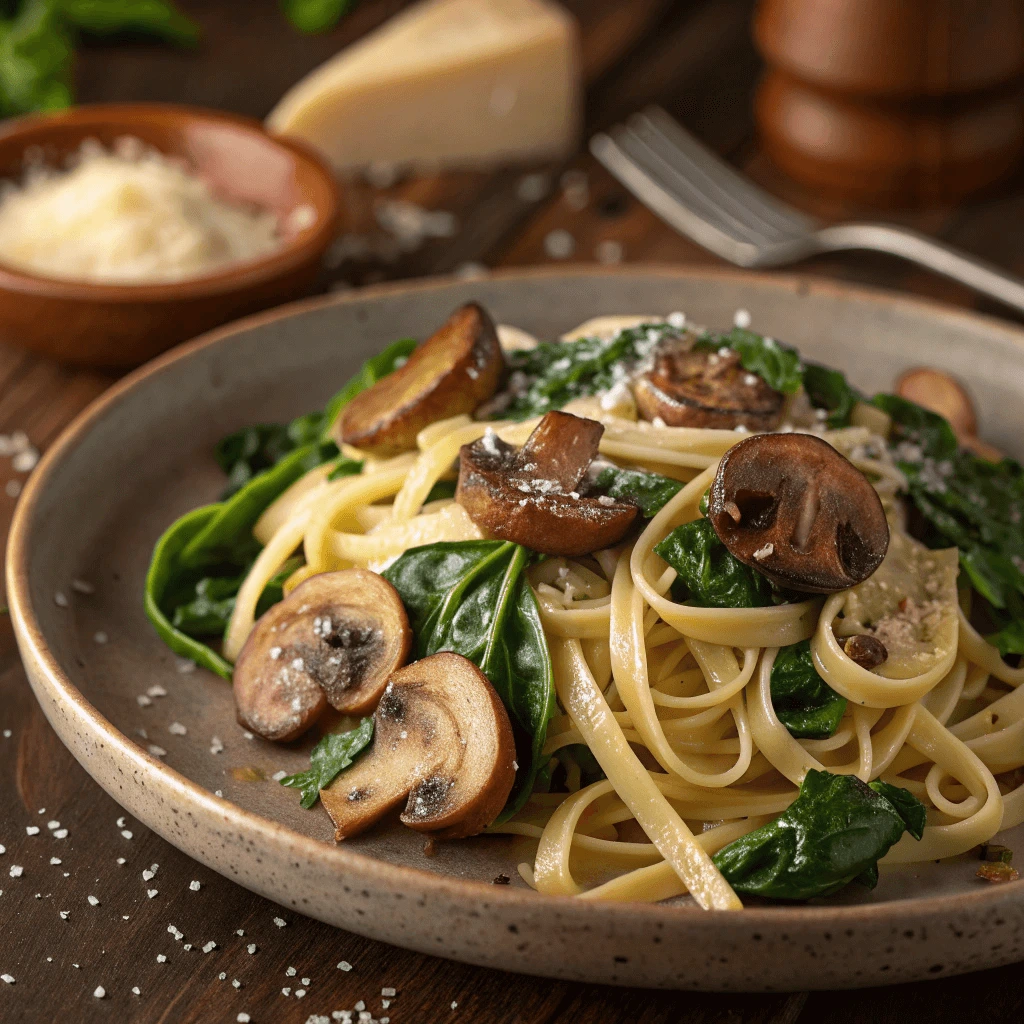 Mushroom and spinach pasta with button mushrooms in a bowl