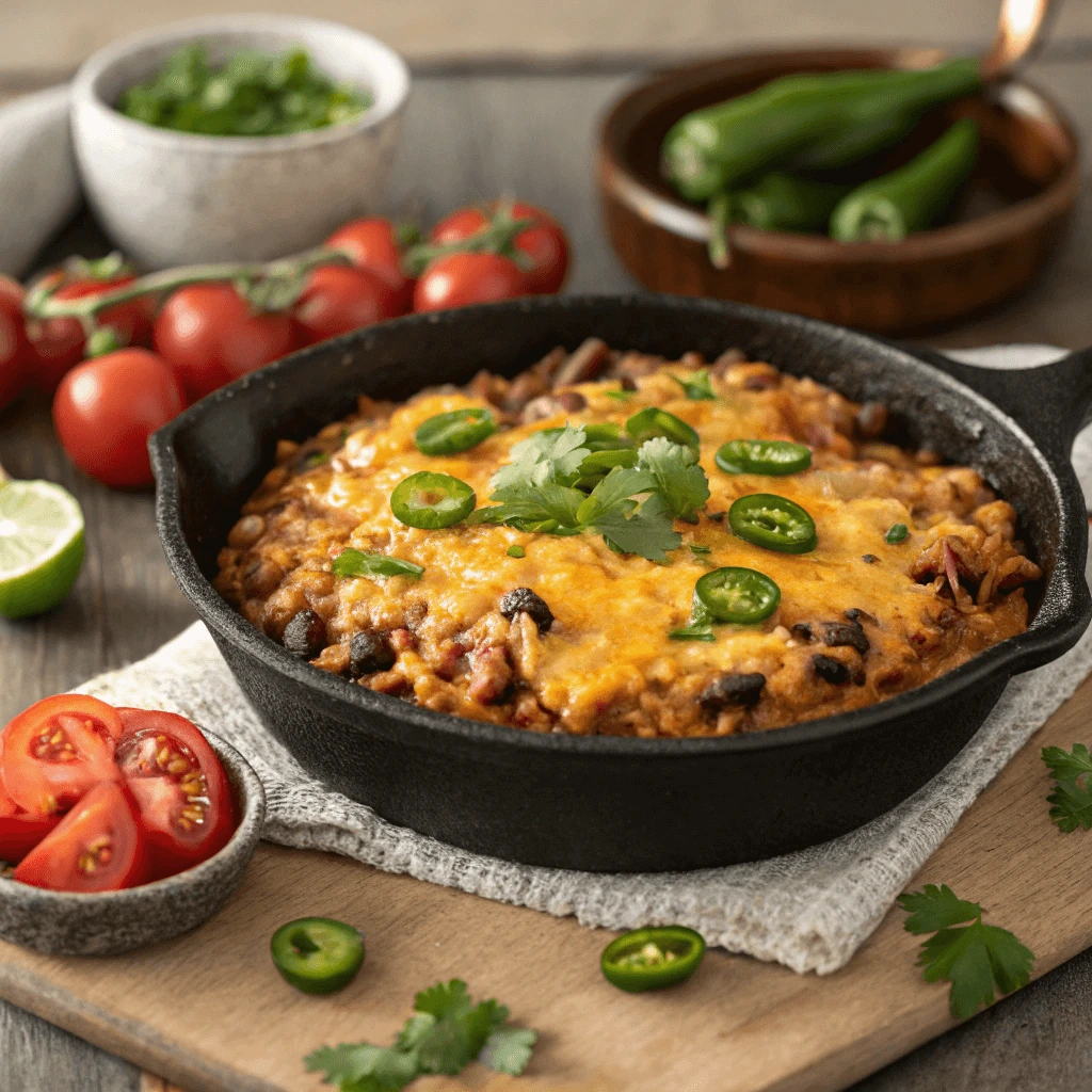 A plate of cheesy rice and beans, showcasing a one-pot rice hack recipe.