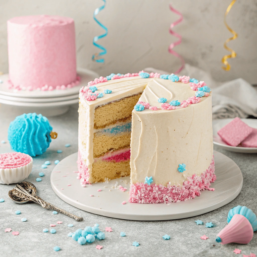 A hidden color sponge cake with colorful inside for a gender reveal.