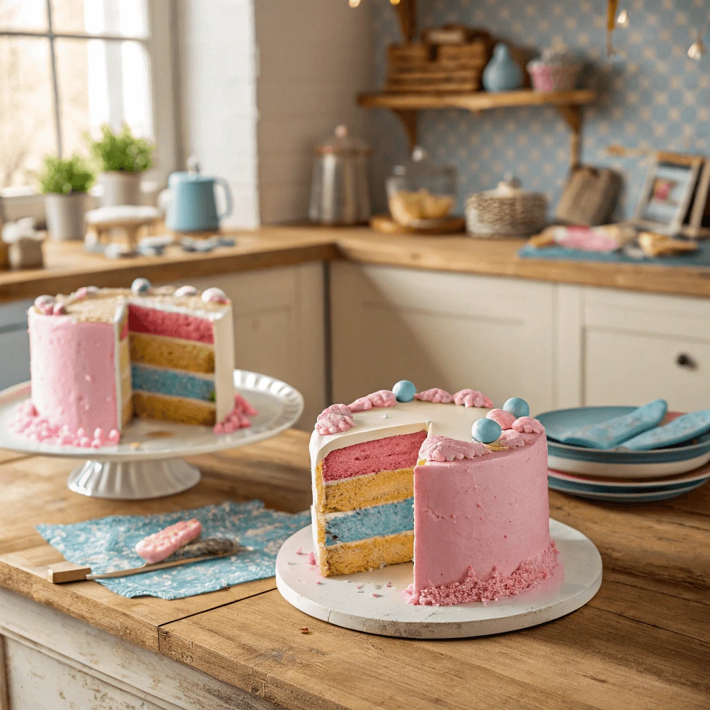 Homemade gender reveal cake with blue and pink layers