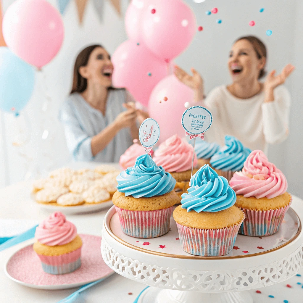 Gender reveal cupcakes with pink and blue filling inside