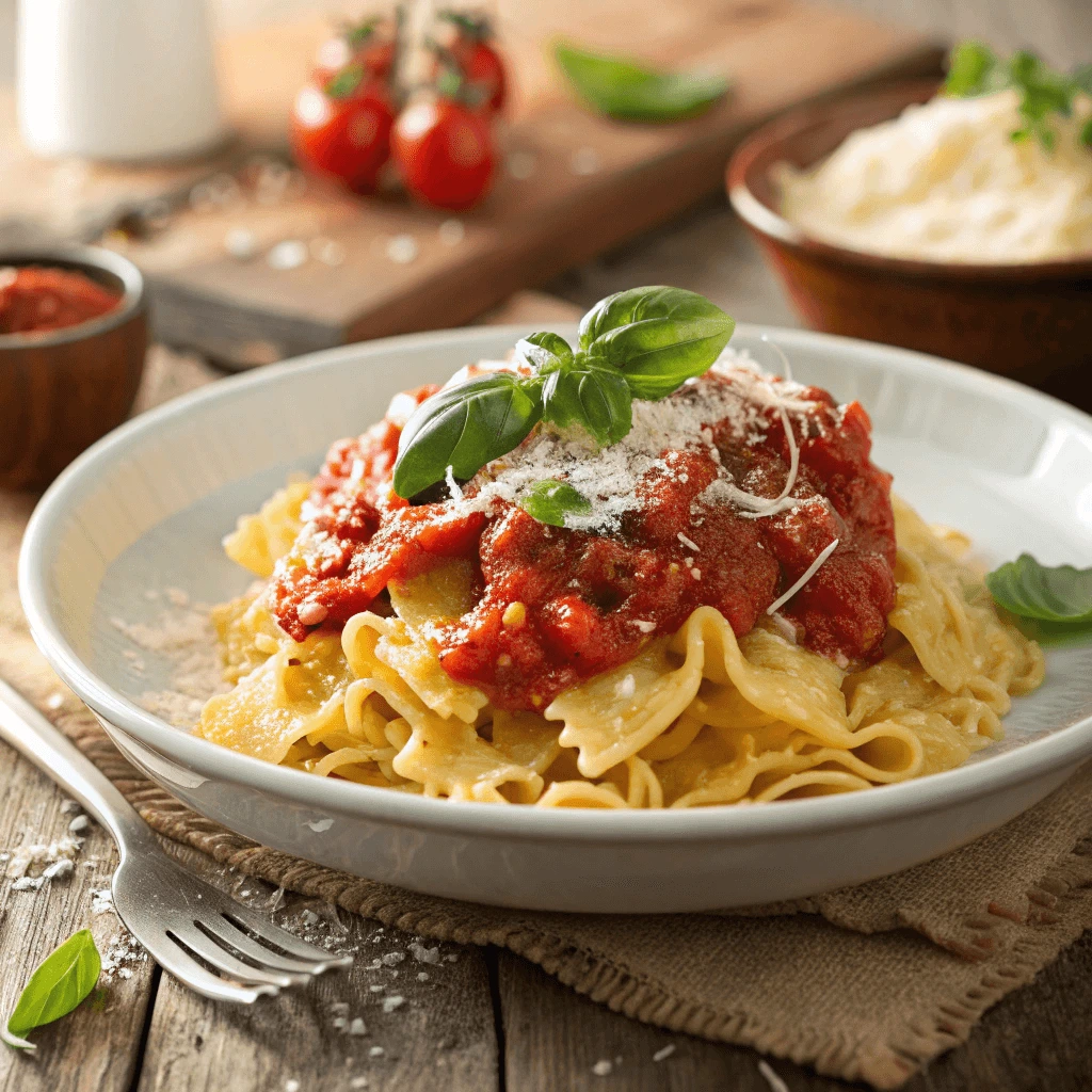 A plate of Mafaldine pasta with marinara sauce, topped with fresh basil and Parmesan.