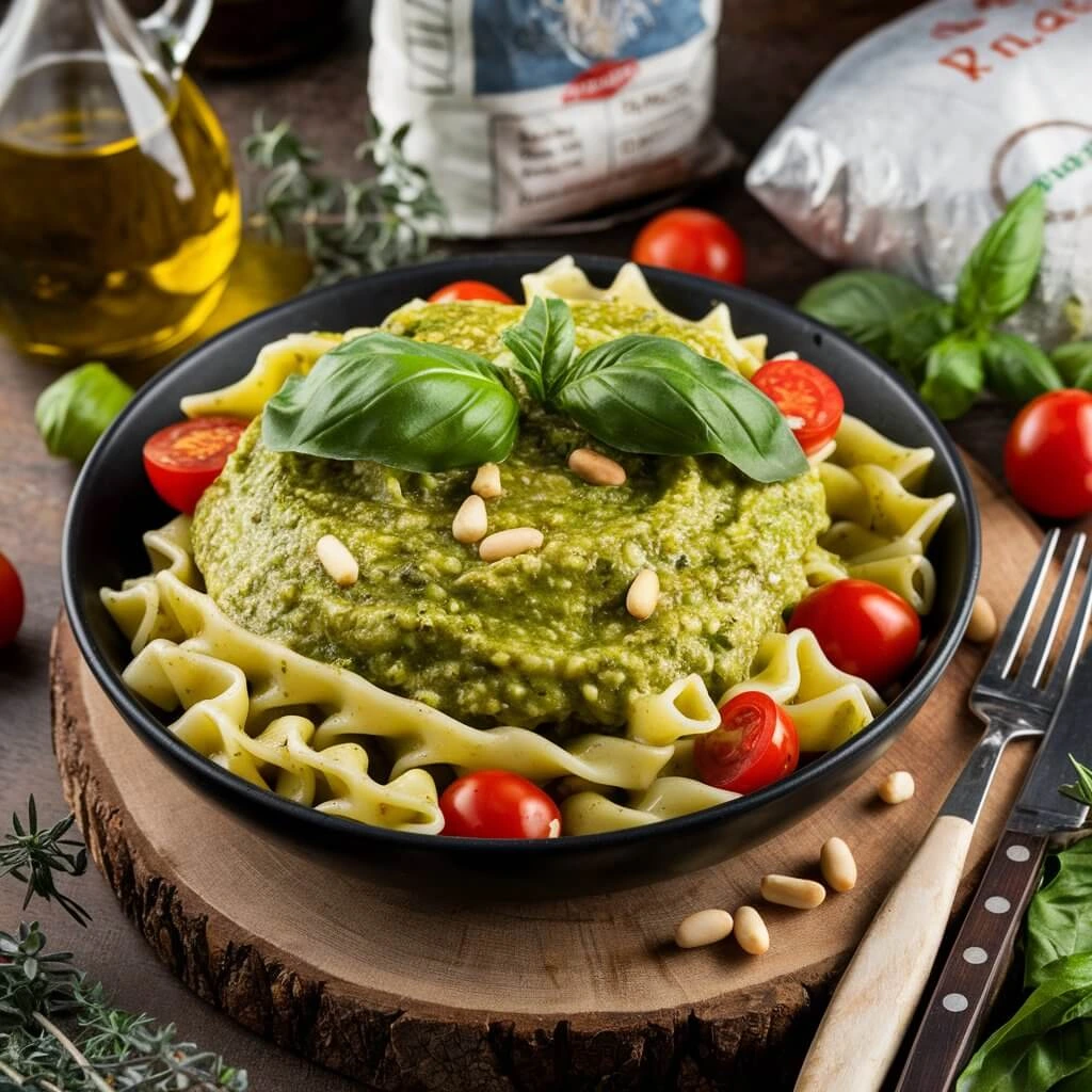 Lumache pasta with vibrant pesto sauce