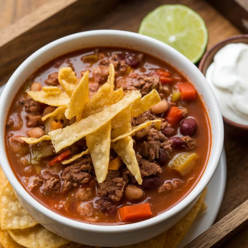 A bowl of soup with toppings of cheese, sour cream, and cilantro