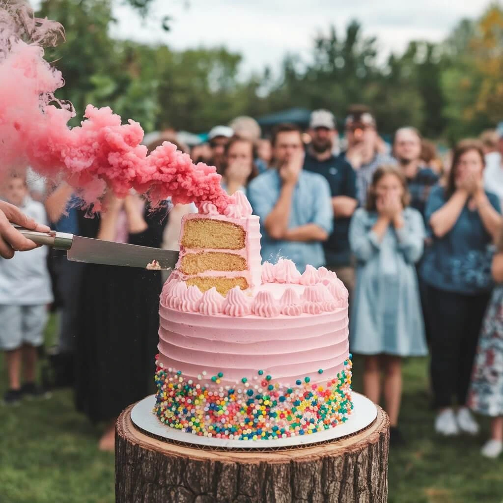 Beautiful gender reveal cake with pink and blue layers for a party celebration.