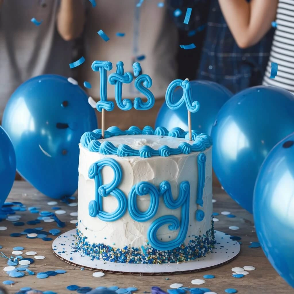 A beautifully decorated gender reveal cake with layers of pink and blue frosting, designed to surprise guests with a gender announcement.