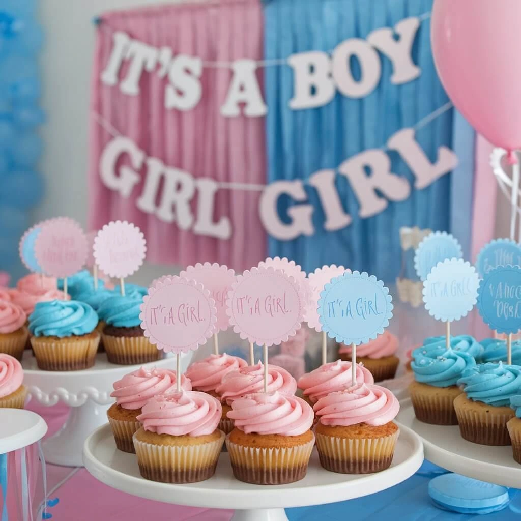 Colorful gender reveal cupcakes with blue and pink frosting