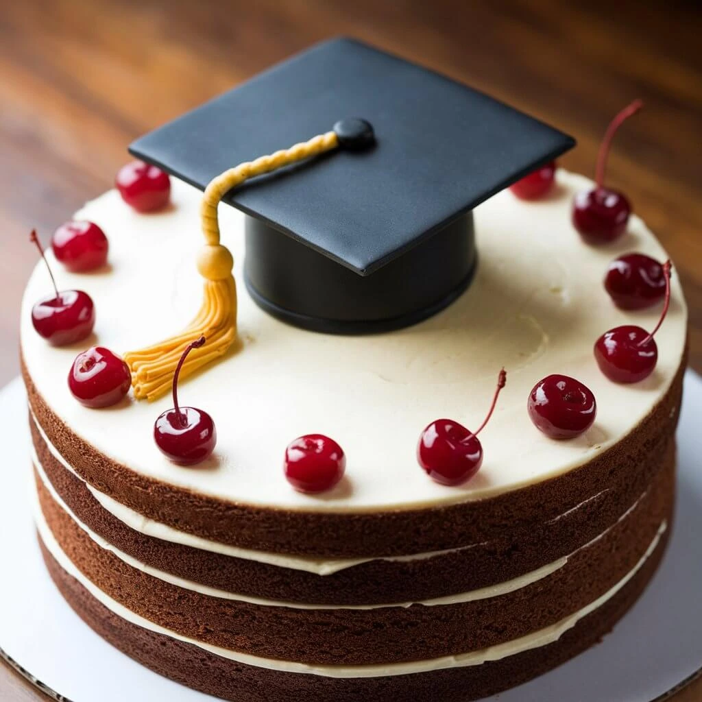 Elegant Graduation Cake with Fondant Decor and Graduation Cap Topper