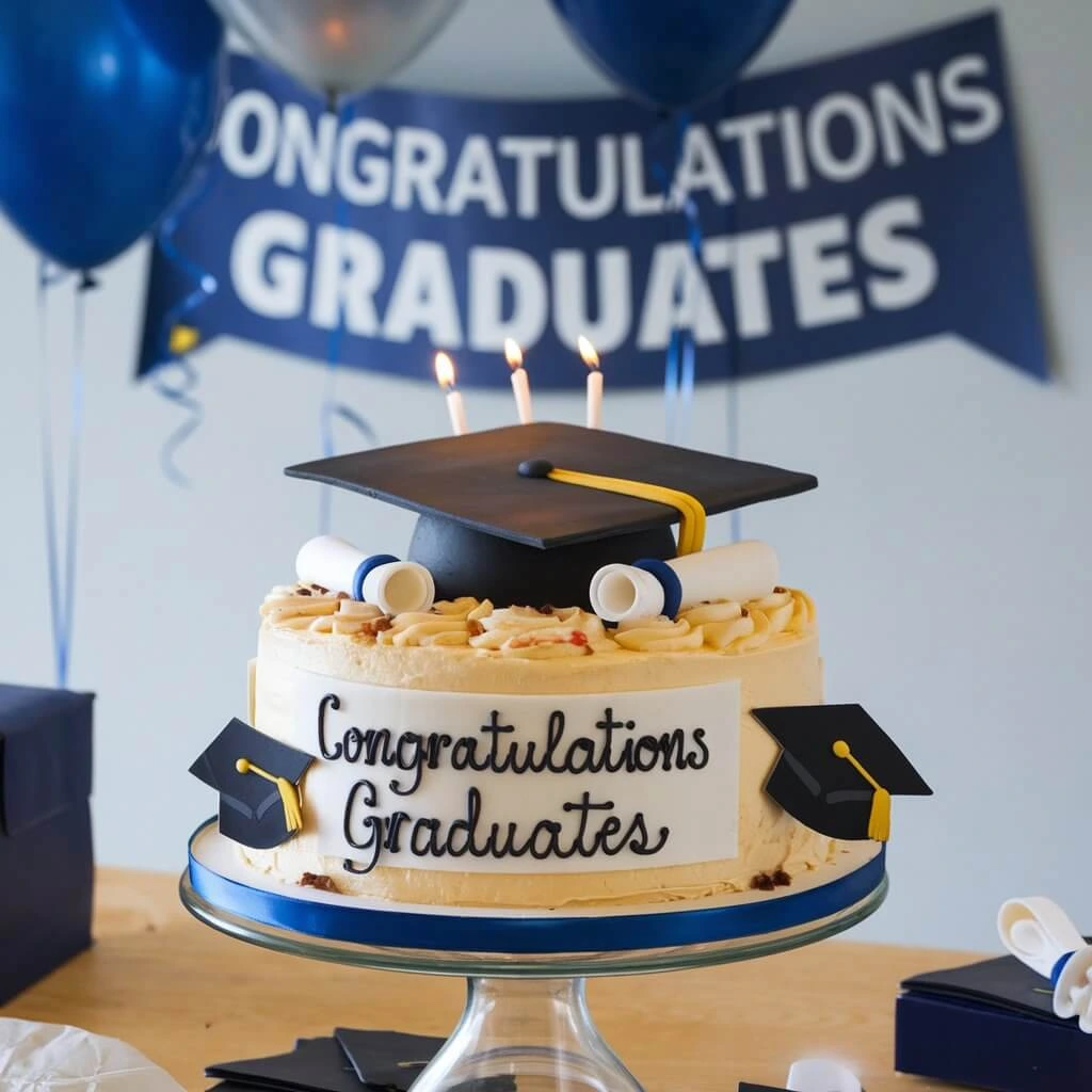 Elegant one-tier graduation cake with minimal decorations