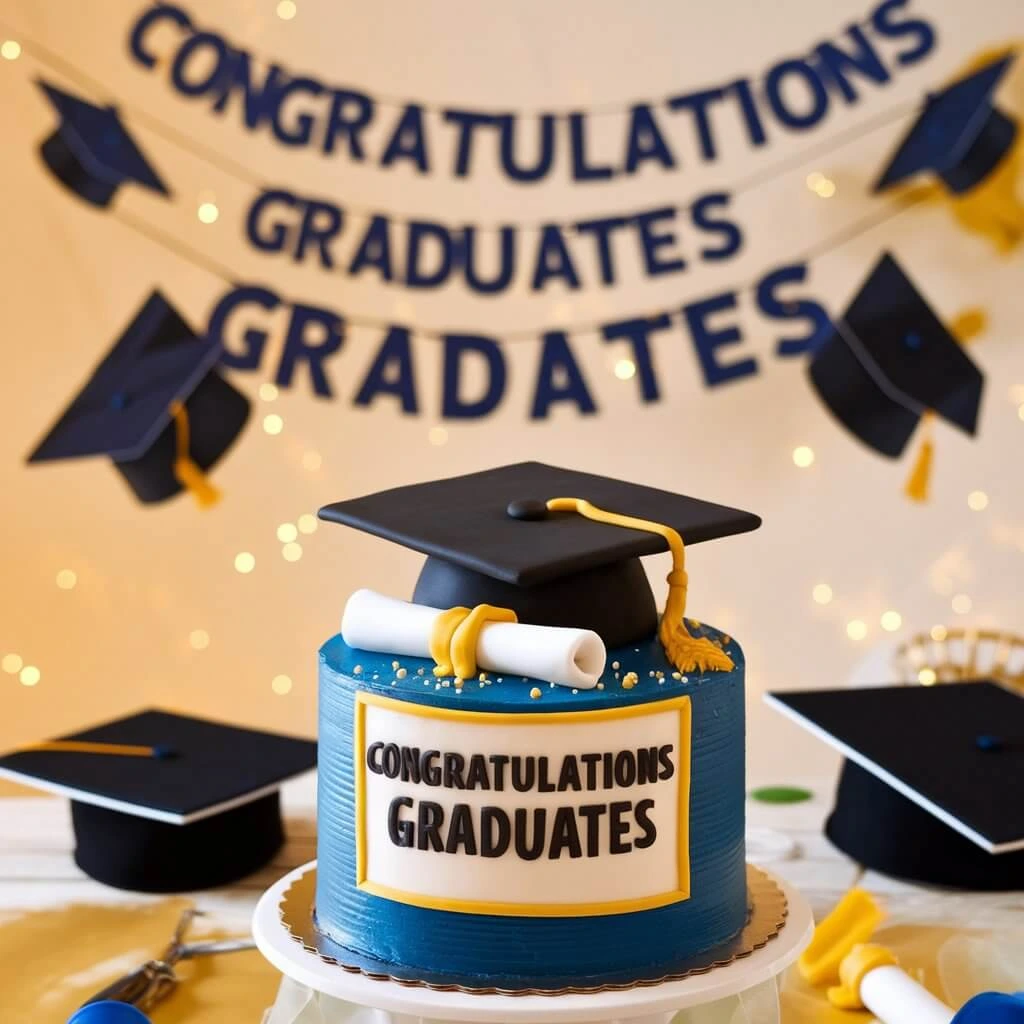 Creative college graduation cake with a campus building design.