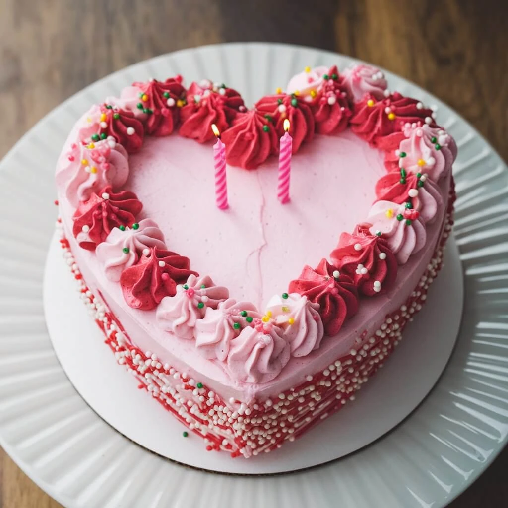 A stunning heart-shaped cake decorated with vibrant red icing, edible flowers, and a delicate gold ribbon, perfect for a celebration of love.