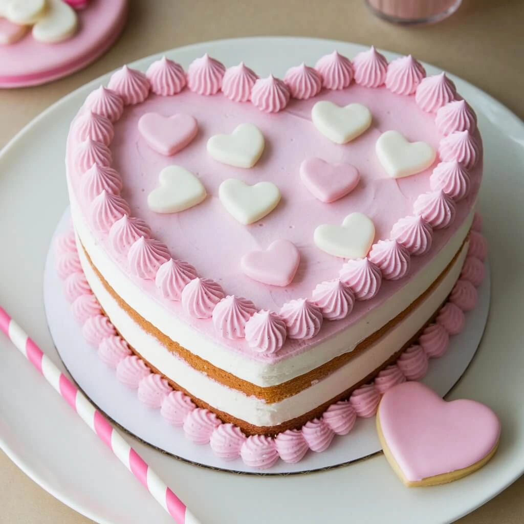 Heart-shaped cake with elegant decorations, perfect for special occasions and celebrations.