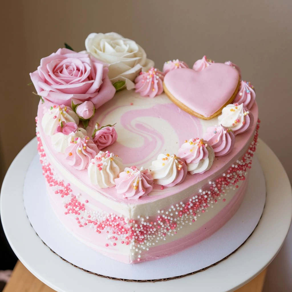 A stunning heart-shaped cake decorated with intricate designs, perfect for special occasions.