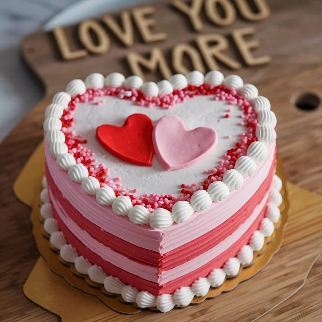 A heart-shaped cake decorated with vibrant red frosting, delicate white piping, and edible flowers, perfect for romantic occasions like weddings, anniversaries, and Valentine's Day