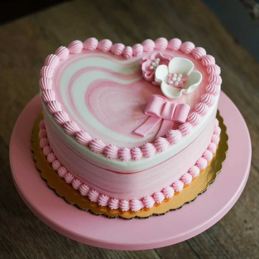 A beautifully decorated heart-shaped cake with red fondant roses, white icing details, and a golden cake topper, perfect for weddings, anniversaries, or Valentine's Day celebrations.