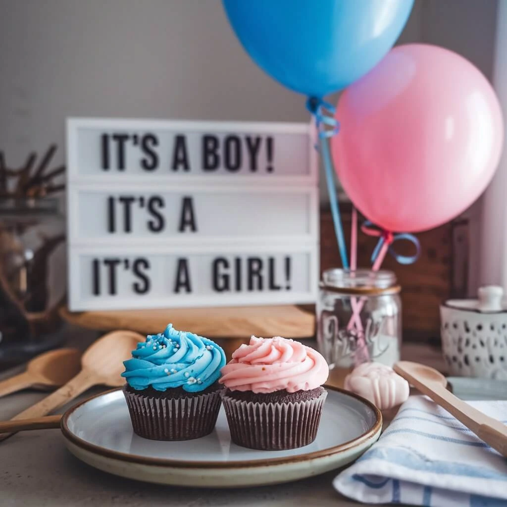 Gender reveal cupcakes with themed decorations.