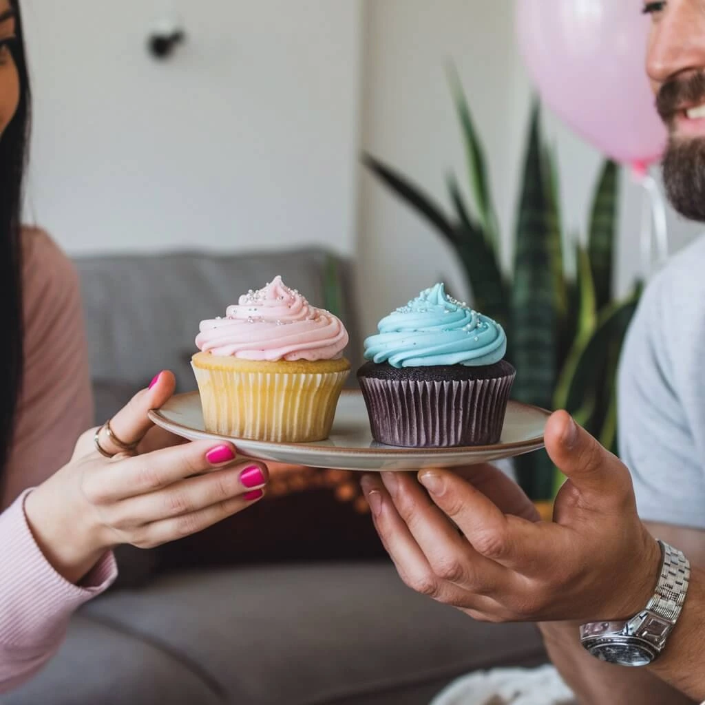 A close-up of a perfectly decorated gender reveal cupcake